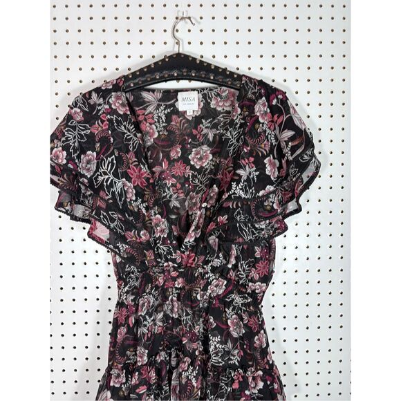 Misa Los Angeles Gallie Black Pink Floral Print Ruffle Mini Dress Size S - Picture 4 of 9